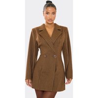 Long Sleeve Shoulder Pad Detail Blazer Dress In Chocolate Brown Pinstripe Wool, Women's Size