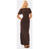 Short Sleeve Draped Open Back Dress In Chocolate Brown, Women's Size