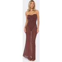 Diamante Corset Bodysuit Detail Maxi Dress In Chocolate Brown, Women's Size