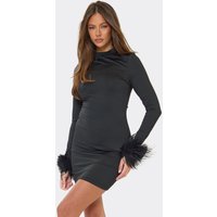 Long Sleeve High Neck Feather Cuff Mini Dress In Black, Women's Size