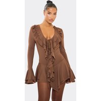 Flared Sleeve Plunge Front Frill Detail Mini Dress In Chocolate Brown, Women's Size