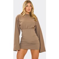 Flared Sleeve Ruched Underbust Seam Detail Mini Dress In Light Brown, Women's Size