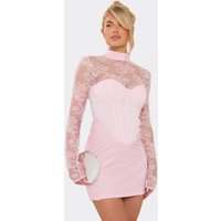 High Neck Long Sleeve Lace Detail Corset Overlay Mini Dress In Baby Pink, Women's Size
