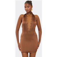 Scarf Detail Lace Trim Plunge Detail Mini Dress In Brown Satin, Women's Size