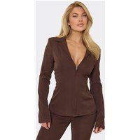 Long Sleeve Zip Front Ced Fitted Blazer In Chocolate Brown, Women's Size