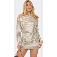 Long Sleeve Asymmetric Neck Slouchy Detail Mini Dress In Cream Stripe, Women's Size