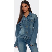 Long Sleeve Pocket Ced Waist Detail Jacket In Mid Blue Denim, Women's Size