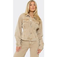 Long Sleeve Button Front Tie Back Ced Waist Jacket In Stone Denim, Women's Size