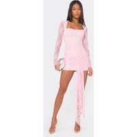 Long Sleeve Square Neck Tie Drape Detail Mini Dress In Pink Lace, Women's Size