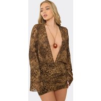 Long Sleeve Plunge Neck Ruched Mini Dress In Brown Devore, Women's Size
