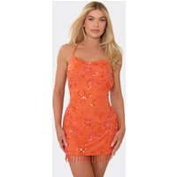 Strappy Tassel Hem Sequin Detail Mini Dress In Orange, Women's Size