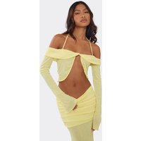 Long Sleeve Halterneck Knot Front Detail Crop Top In Lemon Yellow, Women's Size