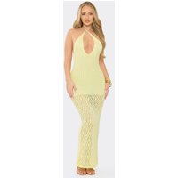 Halterneck Keyhole Cut Out Maxi Dress In Butter Yellow Crochet Knit, Women's Size