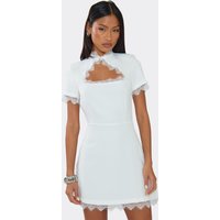 Short Sleeve Cut Out Lace Trim A-Line Mini Dress In White, Women's Size