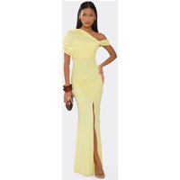 Off The Shoulder Layered Detail Ruched Side Split Maxi Dress In Yellow Mesh, Women's Size