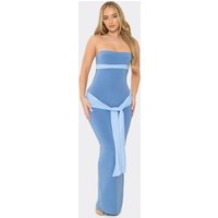 Bandeau Cut Out Drape Detail Colour Block Maxi Dress In Blue Slinky, Women's Size