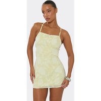 Strappy Tie Back Detail Mini Dress In Lemon Floral Print Chiffon, Women's Size