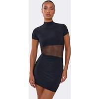 Short Sleeve High Neck Mesh Insert Mini Dress In Black, Women's Size