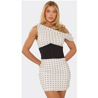 Off The Shoulder Corset Detail Mini Dress In White Polka Dot, Women's Size