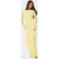 Long Sleeve Tie Front Maxi Dress In Lemon Lace, Women's Size