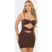 Strappy Cut Out Trim Detail Ruched Mini Dress In Brown, Women's Size