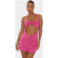 Halterneck Cut Out Front Ruched Mini Dress In Pink, Women's Size