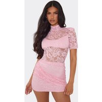 High Neck Crossover Panel Detail Mini Dress In Baby Pink Lace, Women's Size