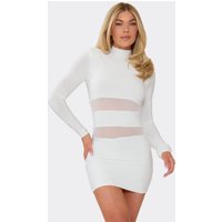 High Neck Shoulder Pad Mesh Panel Mini Dress In White, Women's Size
