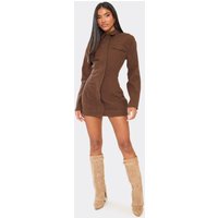 Long Sleeve Collared C Waist Mini Dress In Chocolate Brown Denim, Women's Size