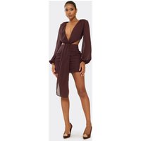 Long Sleeve Plunge Drape Detail Mini Dress In Chocolate Brown Chiffon, Women's Size