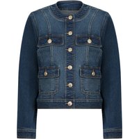 Coats Jackets Calgary Women's Stretch Cotton Collarless Denim Jacket in Mid Blue - Amara Reya