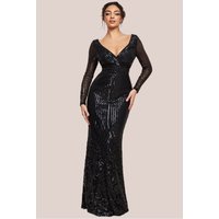 Long Sleeve Sequin V Wrap Maxi Dress - Black by Goddiva