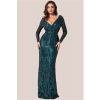 Long Sleeve Sequin V Wrap Maxi Dress - Emerald Green by Goddiva