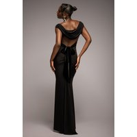 Open Back Cowl Neck Gathered Maxi Dress With Velvet Tie Back - Black by Goddiva