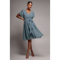 Chiffon Flutter Sleeve Wrap Midi Dress - Airforce Blue by Goddiva