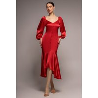 Satin Viscose Front Buttoned Dipped Hem Midaxi Dress - Red by Goddiva