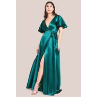 Flutter Sleeve Wrapover Satin Maxi Dress - Emerald Green by Goddiva