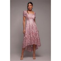 Scalloped Neck Embroidered Lace High Low Midi Dress - Pink by Goddiva