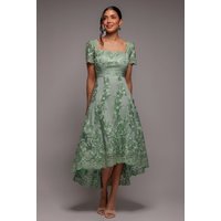 Scalloped Neck Embroidered Lace High Low Midi Dress - Sage Green by Goddiva