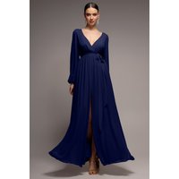 Sustainable Front Split Wrap Style Chiffon Maxi Dress - Navy Blue by Goddiva