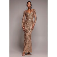 Sequin Leaf Long Sleeve Maxi Dress - Gold by Goddiva