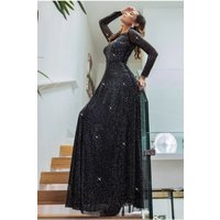 Hotfix Diamante Mesh A-Line Long Sleeve Maxi Dress - Black by Goddiva
