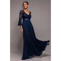 Scalloped Lace Bodice Pleated Chiffon A Line Maxi Dress - Navy Blue by Goddiva