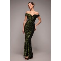 Sequin Velvet Bardot Evening Maxi Dress - Olive Green by Goddiva