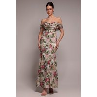 Cowl Neck Floral Print Jacquard Chiffon Maxi Dress - Cream by Goddiva