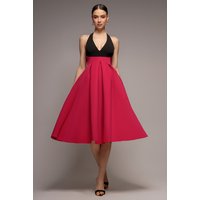 Contrast Halter Neck Pleated A-Line Midaxi Dress - Black Magenta by Goddiva