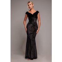 Shimmer Velvet Bardot Maxi Dress - Black Gold by Goddiva