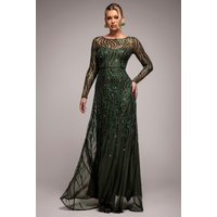 Ombre Sequin Beaded Flared Long Sleeve Maxi Dress - Olive Green by Goddiva