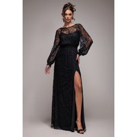Lace Long Sleeve Shirred Waist Maxi Dress - Black by Goddiva