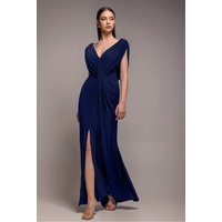 Cowl Plunge Draped Mermaid Maxi Dress - Navy Blue by Goddiva